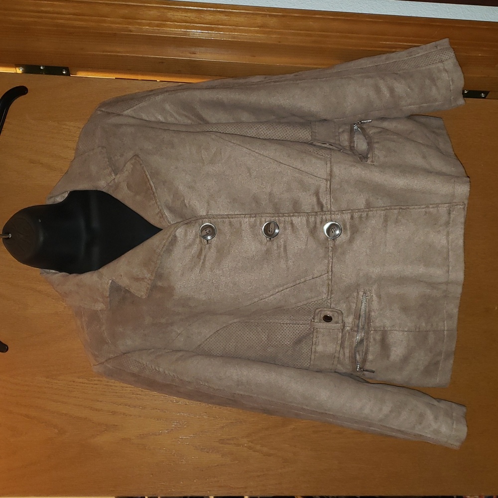 Chico's Brown Lined Button Softshell Faux Suede Jacket Size L (Chico's Size 2)